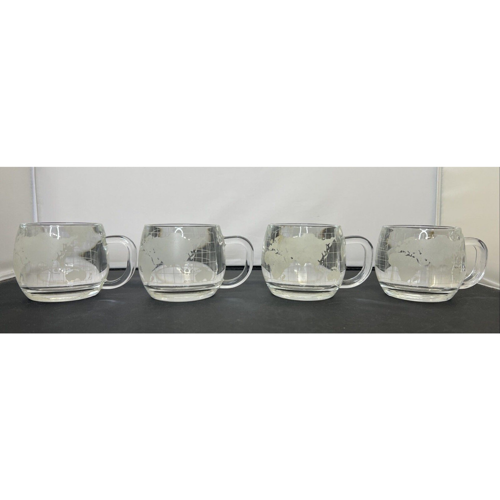 Vintage Nestle Nescafe World Globe Frosted Glass Coffee Mugs Cups - Set of 4 FS
